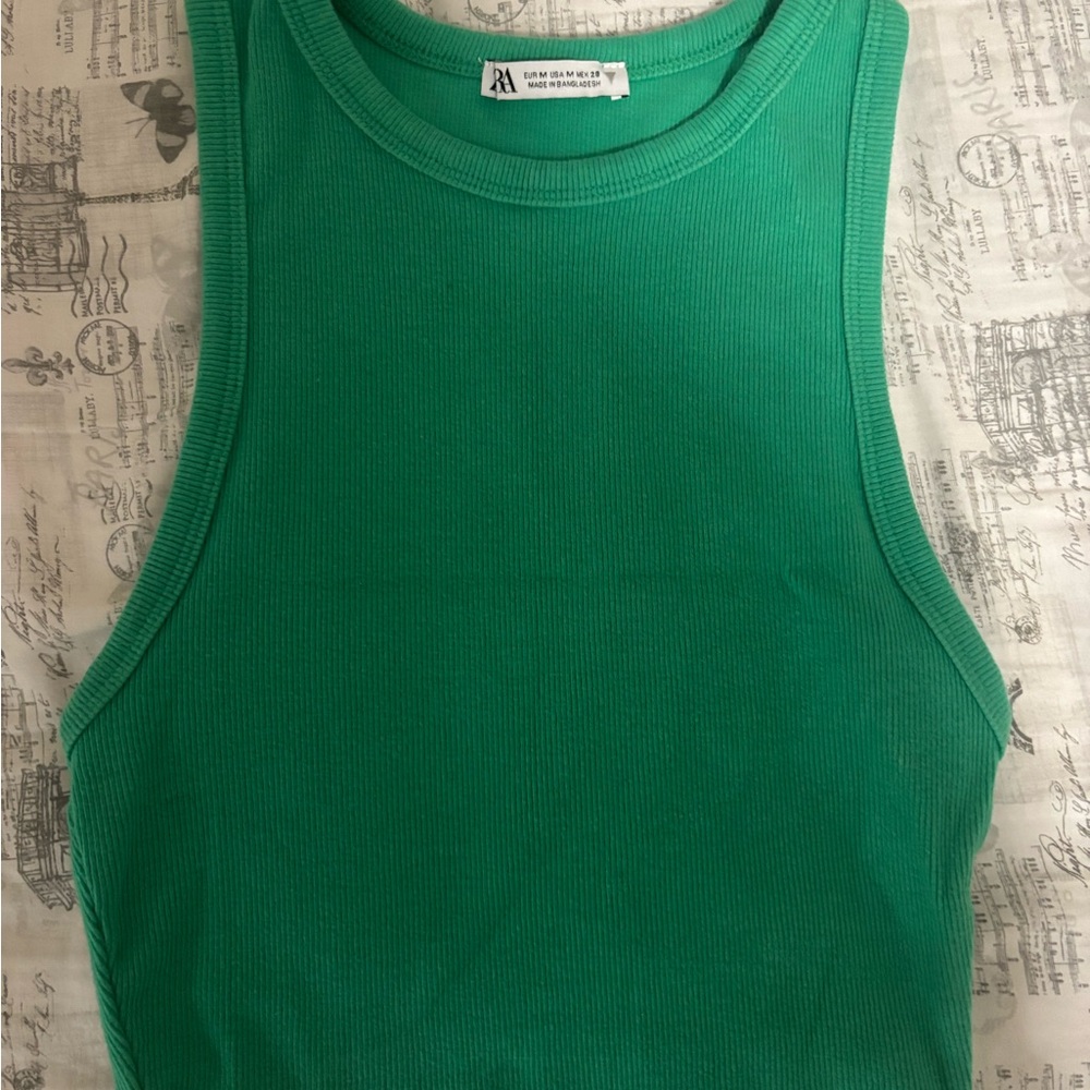 Zara Green Fitted Crop Tank Top